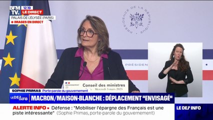 Sophie Primas (porte-parole du gouvernement): "Il est envisagé éventuellement que le président Macron puisse se rendre de nouveau à Washington avec le président Zelensky"