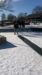 Epic ice fall: Man slips on ice while sliding and cracks the surface