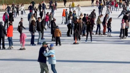 Old couple ice skating with the majestic Vajdahunyad Castle in the background
