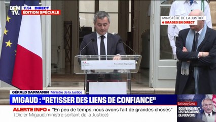 Gérald Darmanin (ministre de la Justice): "Je veux avoir une pensée pour votre prédécesseur, Éric Dupond-Moretti, avec qui j'ai travaillé pendant plus quatre ans, je crois, pour le bien des Français"