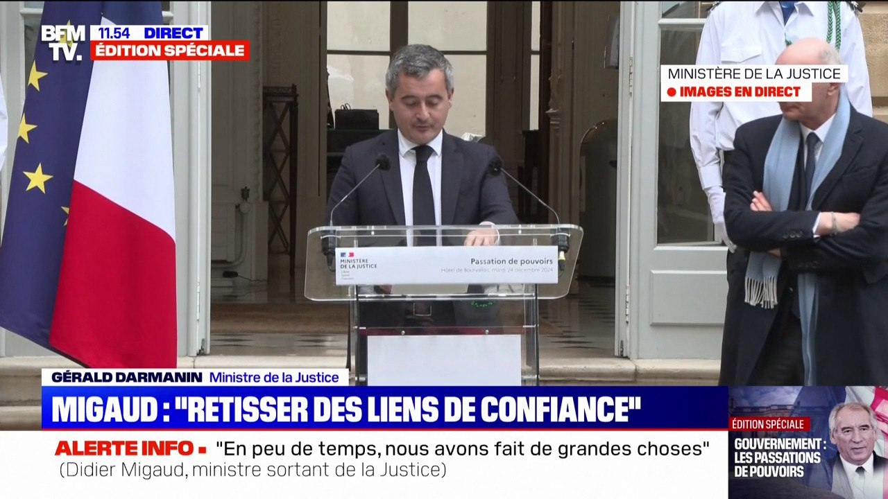 Gérald Darmanin (ministre de la Justice): "Je veux avoir une pensée pour votre prédécesseur, Éric Dupond-Moretti, avec qui j'ai travaillé pendant plus quatre ans, je crois, pour le bien des Français"