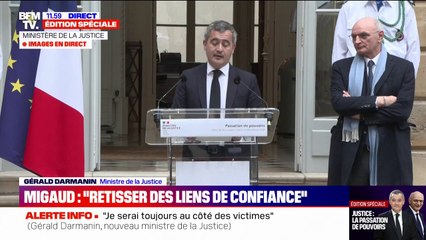 "Notre tâche est immense", assure Gérald Darmanin lors de la passation avec Didier Migaud, ministre de la Justice sortant
