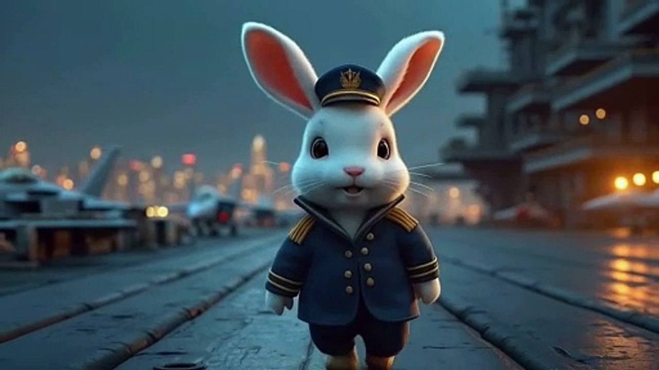 A cute fluffy rabbit pilot walking on a military aircraft carrier