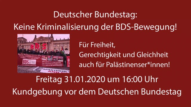 BDS Austria auf deutsch auf der auf der BDS Kundgebung vor dem Deutschen Bundestag am 31.01.2020
