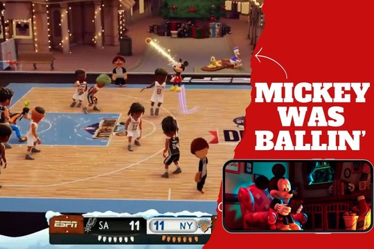 Mickey Mouse imitates Steph Curry as he hits a three pointer and catches fire against the New York Knicks