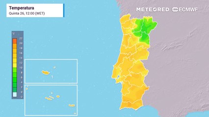 Temperatura em Portugal até à meia noite do próxima sábado, dia 28 de dezembro.