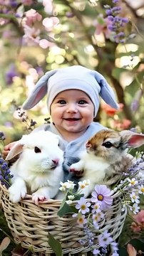Baby Playing in a Basket with Rabbits #viral #fyp #Usa