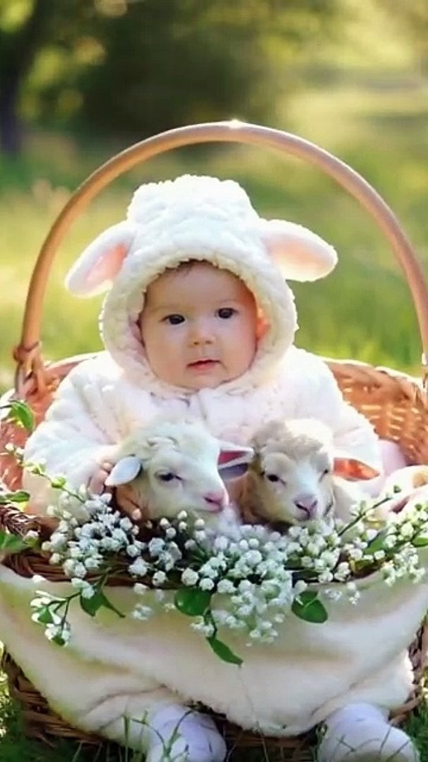 ⁣Baby In Flowers Baskit Playing With Small Chicks & Squirrels