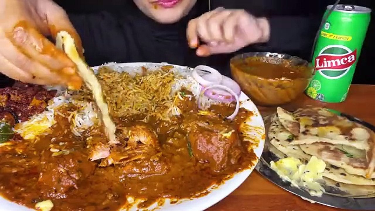 ASMR EATING_CHICKEN LEG PIECE,SPICY BUTTER CHICKEN,BUTTER NAAN,JEERA RICE & GOBI 65 _FOOD VIDEOS_