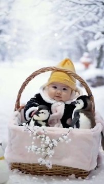 Baby Playing in a Snowy Basket with Penguins 🐧❄️ Cutest Winter Moments!
