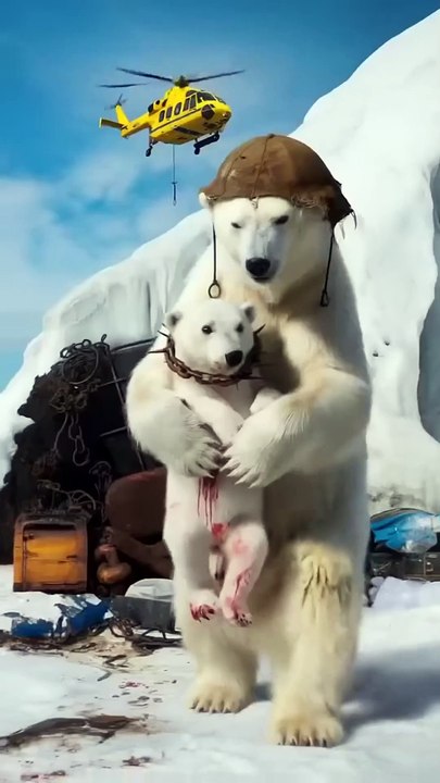 A mother polar bear and her baby seek help from rescue volunteers in a heartwarming story._