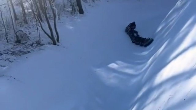 Excited riders scream as linked snow tubes glide across the snow track
