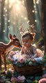 Magical Baby in Fawn Outfit with a Curious Deer