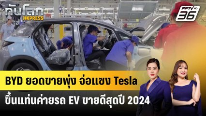 BYD ยอดขายพุ่ง จ่อแซง Tesla ขึ้นแท่นค่ายรถ EV ขายดีสุดปี 2024 | ทันโลก EXPRESS | 3 ม.ค. 68