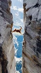 Goat hanging between two mountains