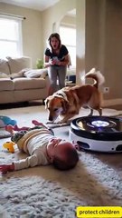 The automatic sweeper lost control and almost hurt the baby. The dog reacted quickly