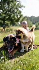 The mother dog was injured and the puppy brought a piece of meat to her mother