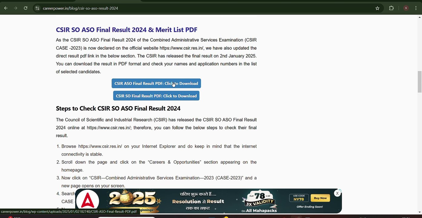 CSIR SO ASO Final Result 2024 Out – Download Merit List, Cut-Off Marks, and Next Steps