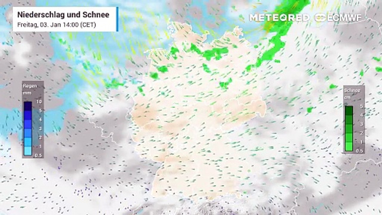 Schneeschauer und die besonders im Norden - aus Südwesten ab Samstag Schnee und Eisregen