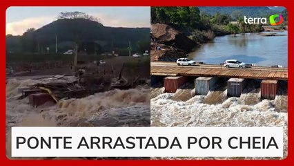 Ponte provisória construída após enchente é arrastada por nova cheia no RS