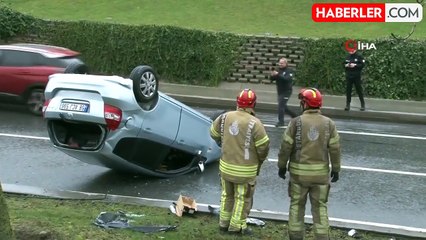 Başakşehir'de Ters Dönen Otomobildeki 3 Kişi Yara Almadan Kurtuldu
