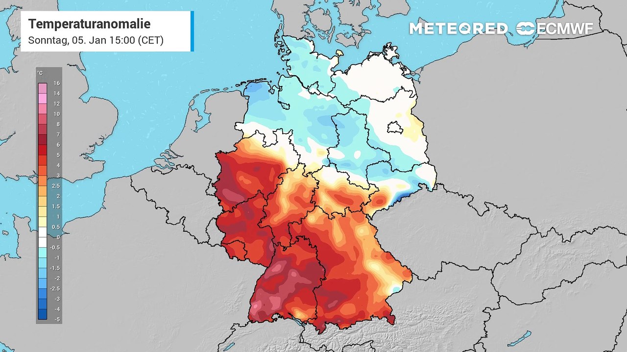 Mit der Warmfront etabliert sich kurzzeitig die extrem milde Höhen-Luft in Deutschland insbesondere in höheren Lagen.