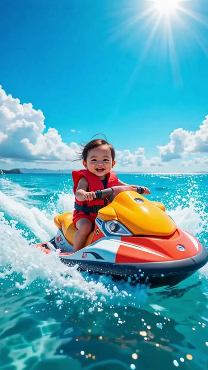 Adorable Baby girl Reding  yellow jet ski across sparkling blue ocean waters. #baby #adorable #jet #ski #viral #ViralVideos #everyone #foryou #foryoupage #