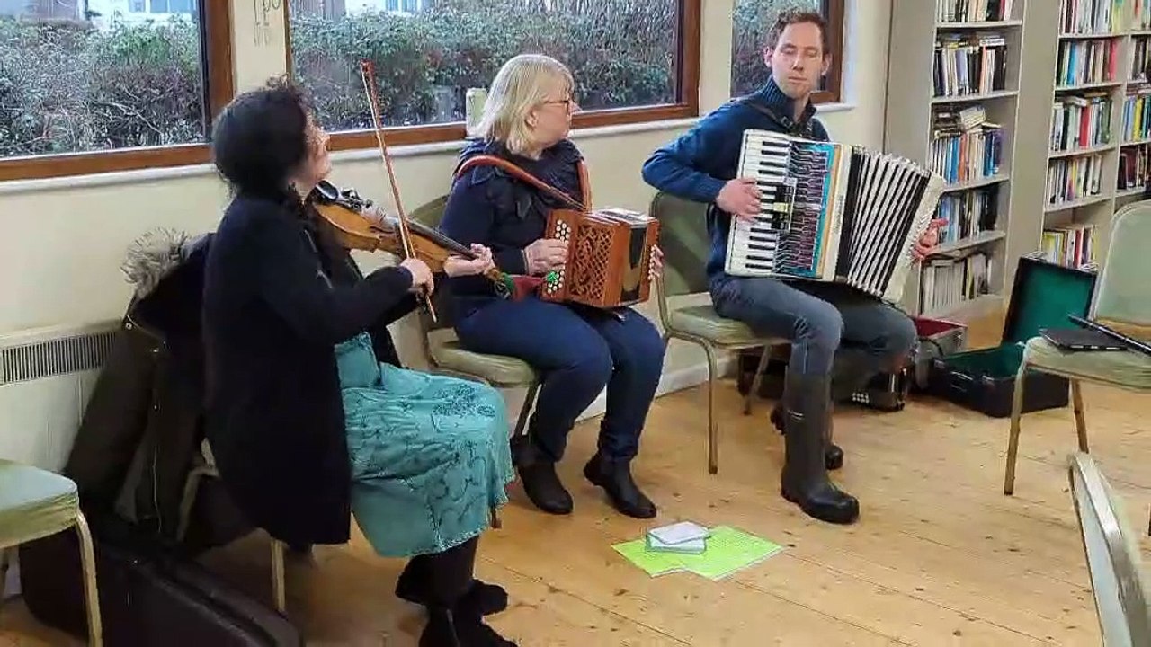 Allerford Community Orchard Group members play traditional music after the village's wassail.