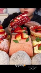 #100 Desserts Mukbang ASMR || Strawberry desserts collection | bun, hug roll, mochi...#asmr #mukbang