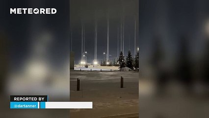 Impressive pillars of light in Blackfalds, Alberta (Canada)