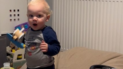 Dizzy toddler’s adorable stumble while playing with toy airplane will make you chuckle