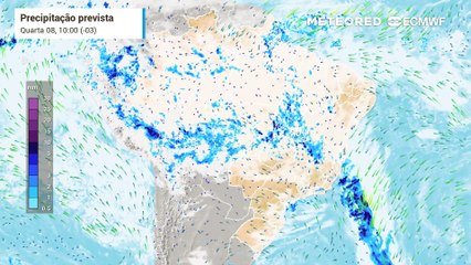 Precipitação e Nebulosidade Prevista para o Brasil entre os dias 08 e 10 de janeiro.
