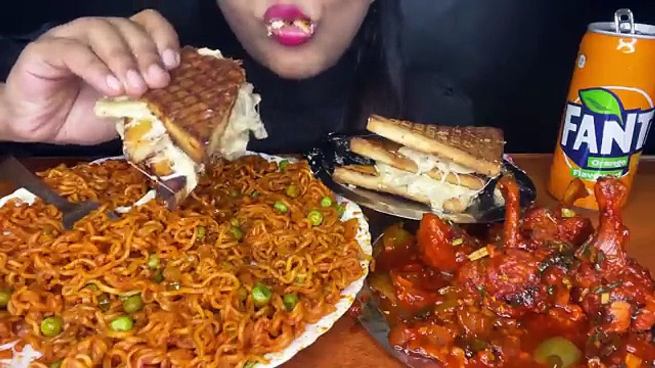 ASMR_MAGGI NOODLES _RECIPE_ EATING MAGGI NOODLES,CHICKEN LOLLIPOP,CHEESY SANDWICH l FOOD VIDEOS l