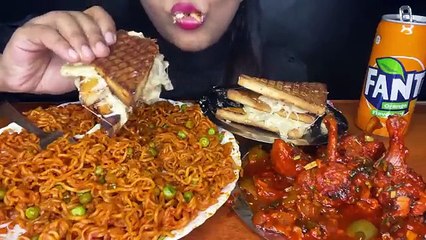 ASMR_MAGGI NOODLES _RECIPE_ EATING MAGGI NOODLES,CHICKEN LOLLIPOP,CHEESY SANDWICH l FOOD VIDEOS l