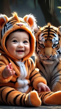 Adorable Tiger Cub and Baby Duo – Heartwarming Wildlife Moment!