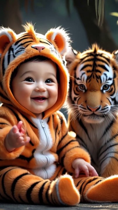Adorable Tiger Cub and Baby Duo – Heartwarming Wildlife Moment!