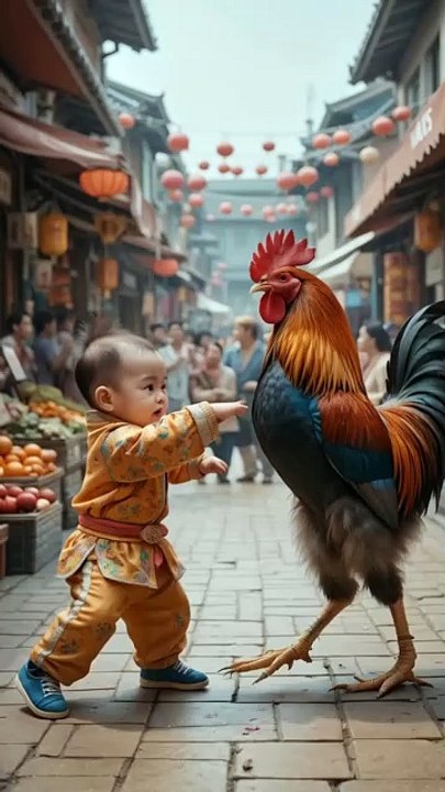 Baby fighting with Rooster👼🏻🐔😂 #rooster