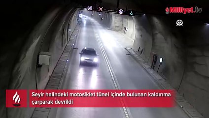 Motosikletin tünelde devrilmesi güvenlik kamerasında