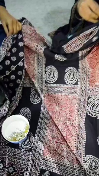 Hand Work on Ajrakh Chadars by Sartiyoon Artisans.