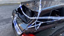 Wrecked black Audi remains abandoned outside Italian restaurant near Regent Street