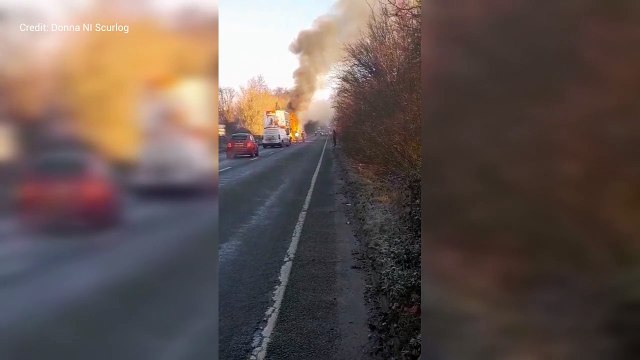 Double-decker bus bursts into flames on A256