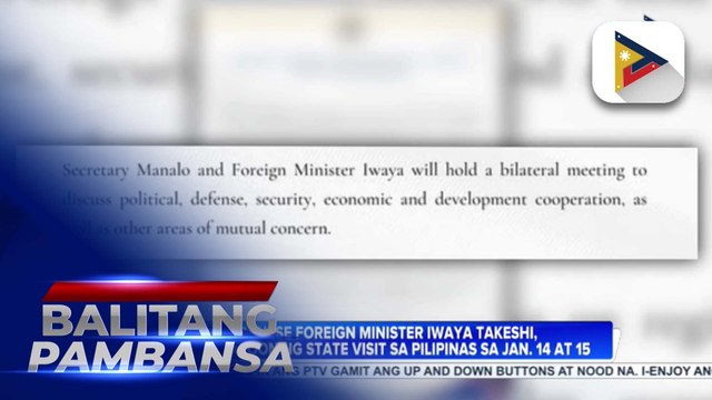 Japanese Foreign Minister Iwaya Takeshi, magkakaroon ng state visit sa Pilipinas sa Jan. 14-15