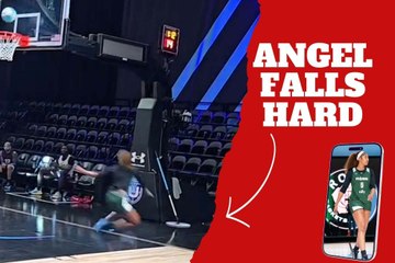 Angel Reese falls hard on the court after making an unbelievable shot with the Rose Basketball Club