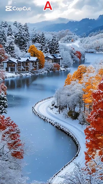Beautiful Scenery along with Kanal, red trees, snow Fall and in Winter season.