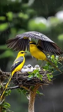 Adorable Bird Shields Babies from Rain with Amazing Umbrella-like Feathers ❤️! Heartwarming Moment of Paternal Love in the Animal Kingdom! 🐦🌂 Must Watch!