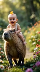 Nature's Playmates A Baby's Delightful Ride on a Capybara! #viral #trendingnow #fyp