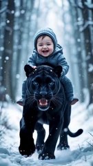 Baby Rides a Black Panther in Snow ❄️🐆  #viral #trendingnow #fyp