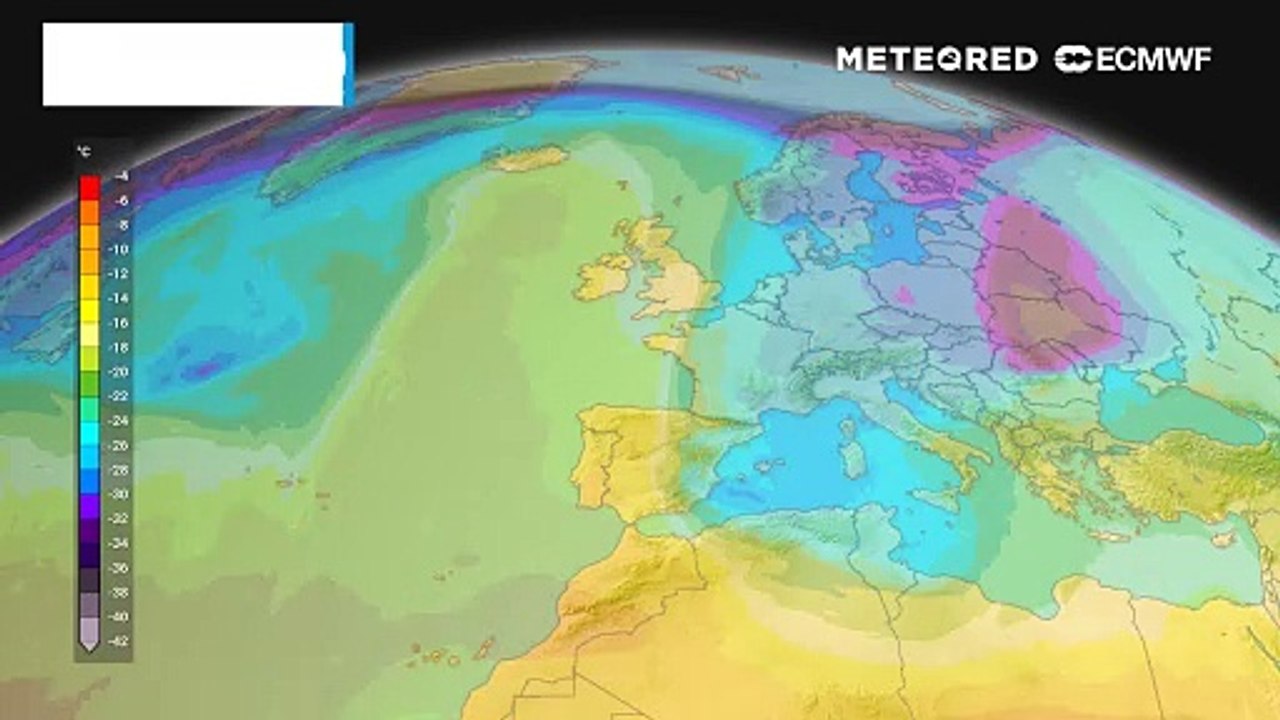 Evolución prevista de temperatura a unos 5500 metros para los próximos días, mostrando la llegada de masas de aire frío (inestables) a la mitad este peninsular y Baleares.