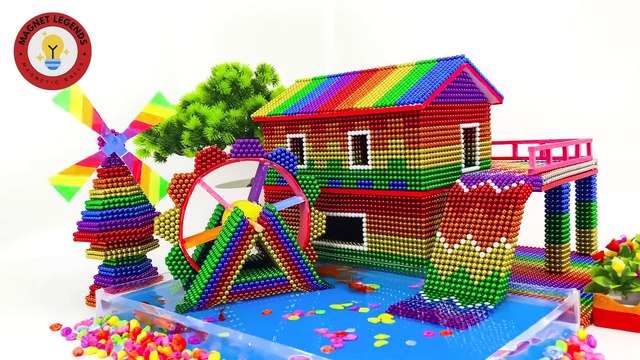 DIY - Cómo hacer una casa con una bonita piscina, tobogán y noria usando bolas magnéticas | ASMR