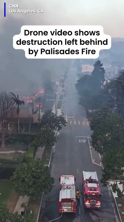 Drone video over Pacific Palisades in California shows destruction left behind by Palisades Fire 2025